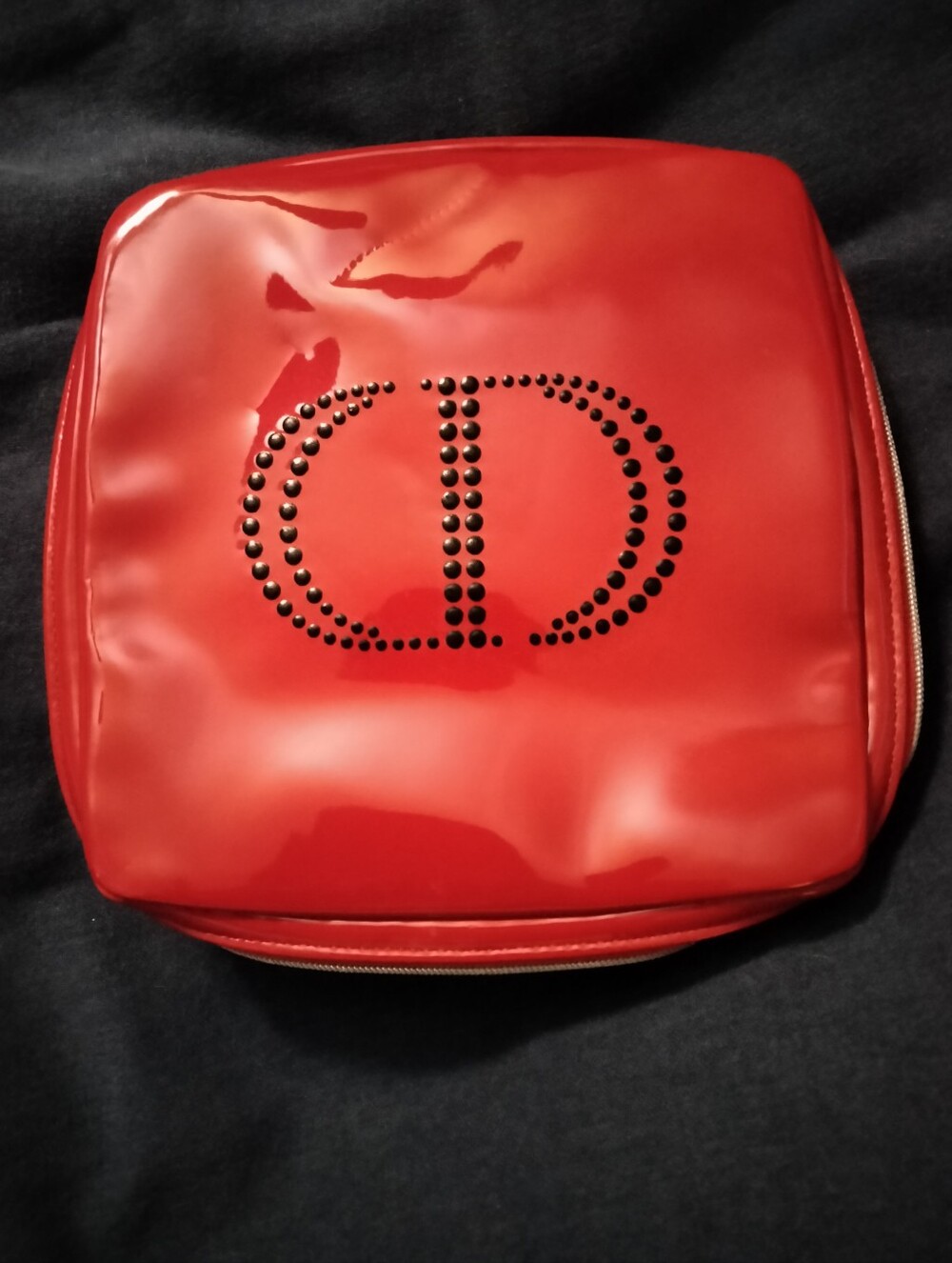 Dior Red Patent Cosmetic Bag with Stud Logo